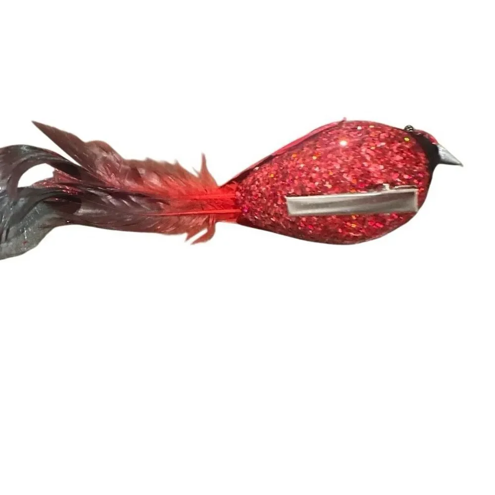 *NEW* 12 Beautiful red glitter clip on cardinal birds with feathers